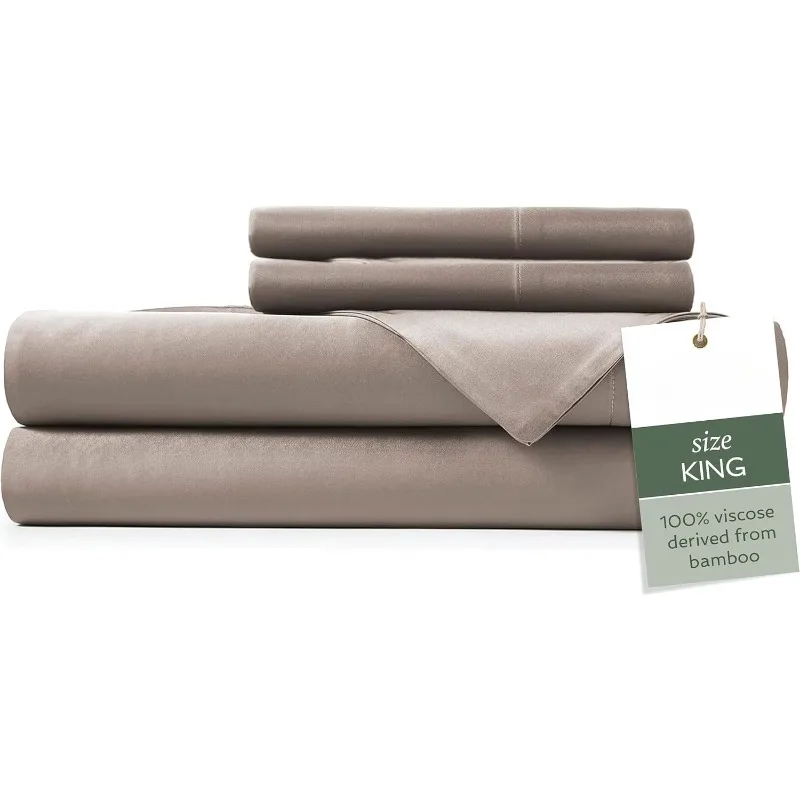 

4 Piece Bed Sheet Set King Size, 100% Viscose Derived from Bamboo Sheets Set with 2 Pillowcases, Cooling & B
