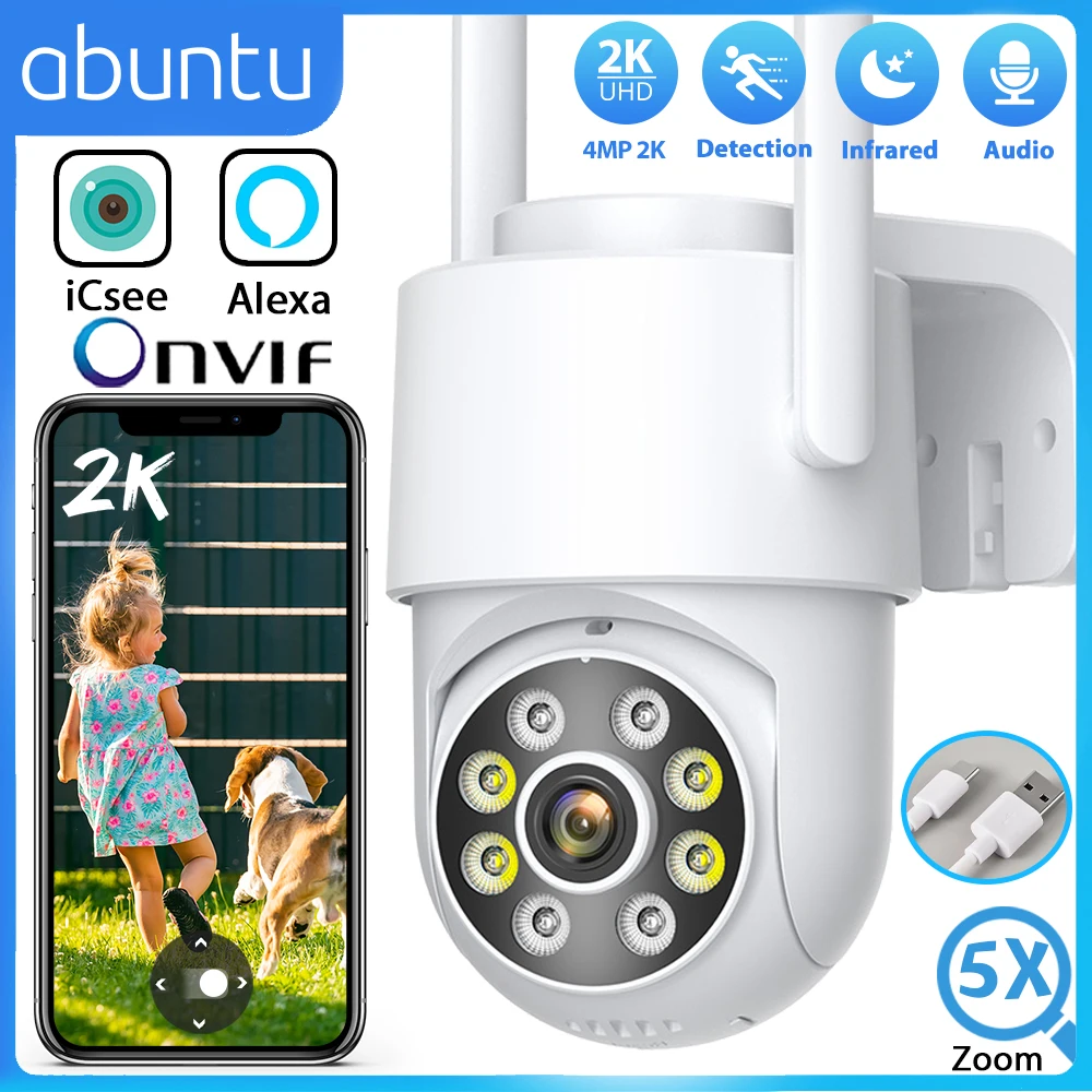 Telecamera Wifi PTZ da 4MP 2K ICsee HD Telecamera di sorveglianza esterna IP66 Visione notturna impermeabile Avviso di rilevamento umano Telecamera di sicurezza domestica