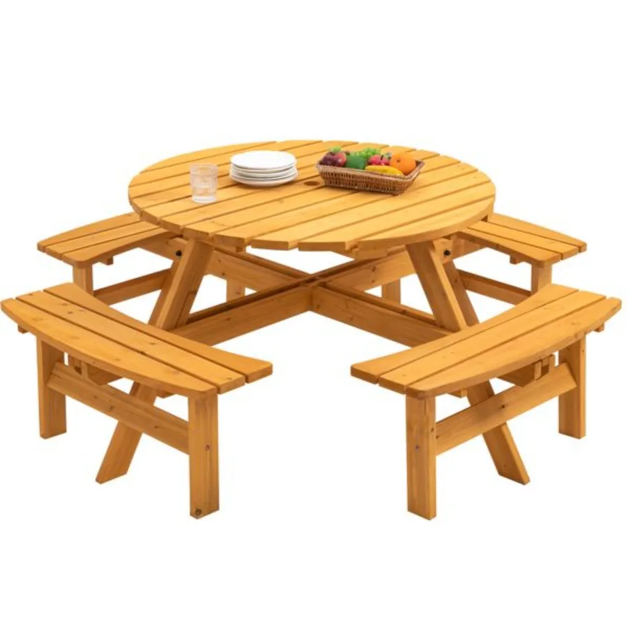 

8Person Outdoor Circular Wooden Picnic Table with 3 Builtin Benches for Patio Backyard Garden Natural