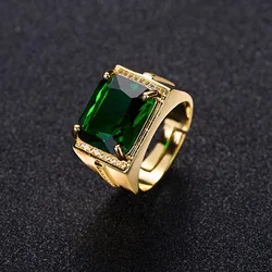 HOYON Popular Emerald Rings Men's Jewelry Retro Style Square Ethnic Rings 14k Gold Color Open Green Diamond Ring for Gift box