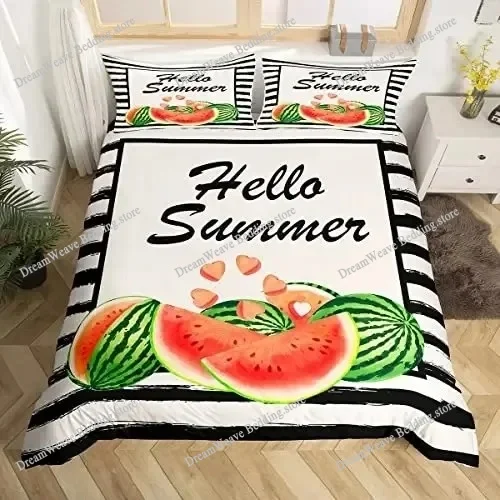 

Hello Summer Duvet Cover Set Watercolor Watermelon Fruits Bedding Set Summer Holiday Theme Blue Rustic Cabin Comforter Cover