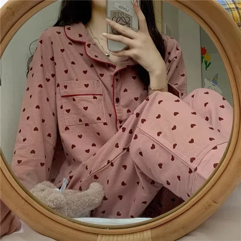 M-XXL Large Size Nightwear Women Sleepwear Autumn and Winter Cardigan Home Wear Peach Heart Long Sleeves School Silk Pajamas