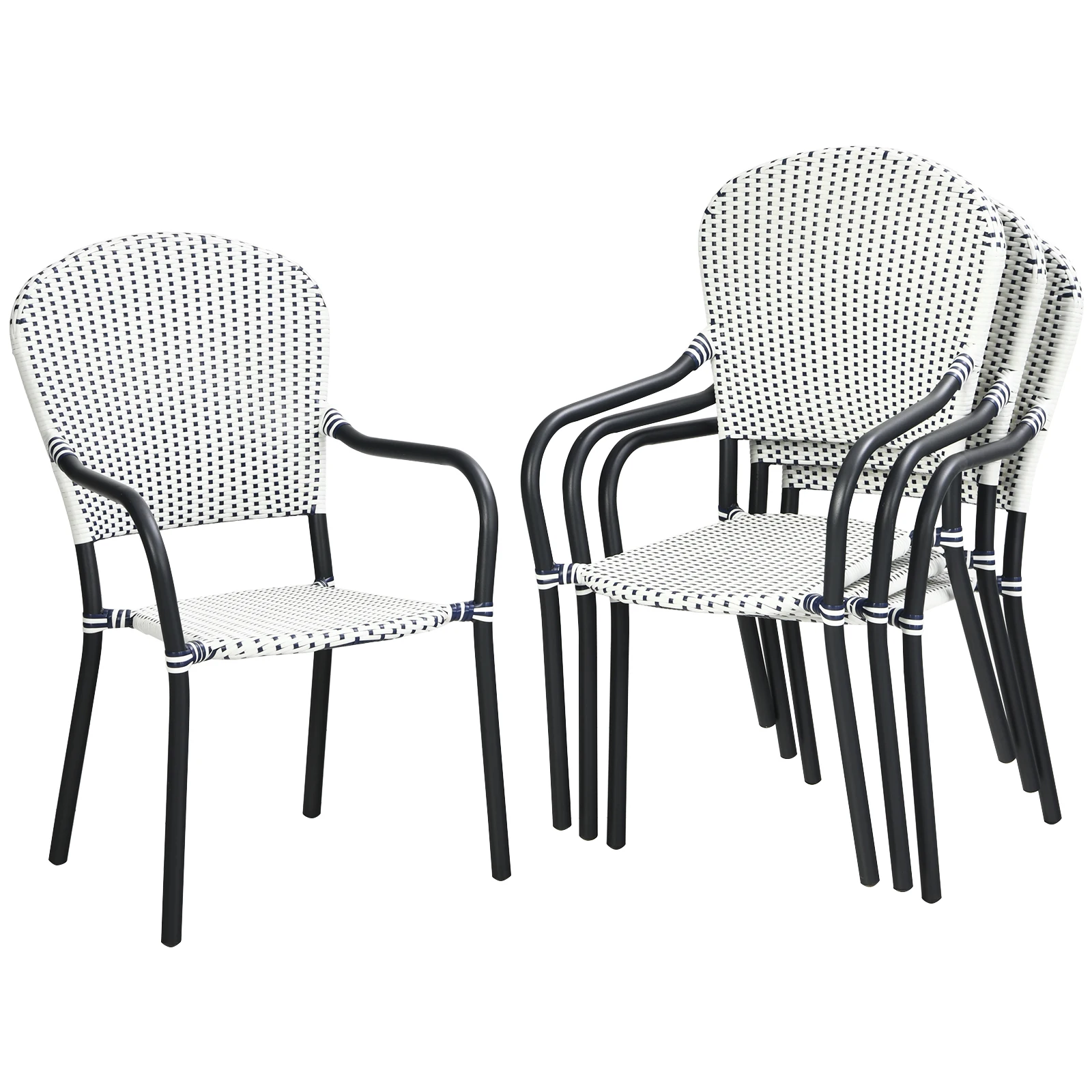 Set of 4 Patio Rattan Dining Chairs Stackable Armrest No Assembly