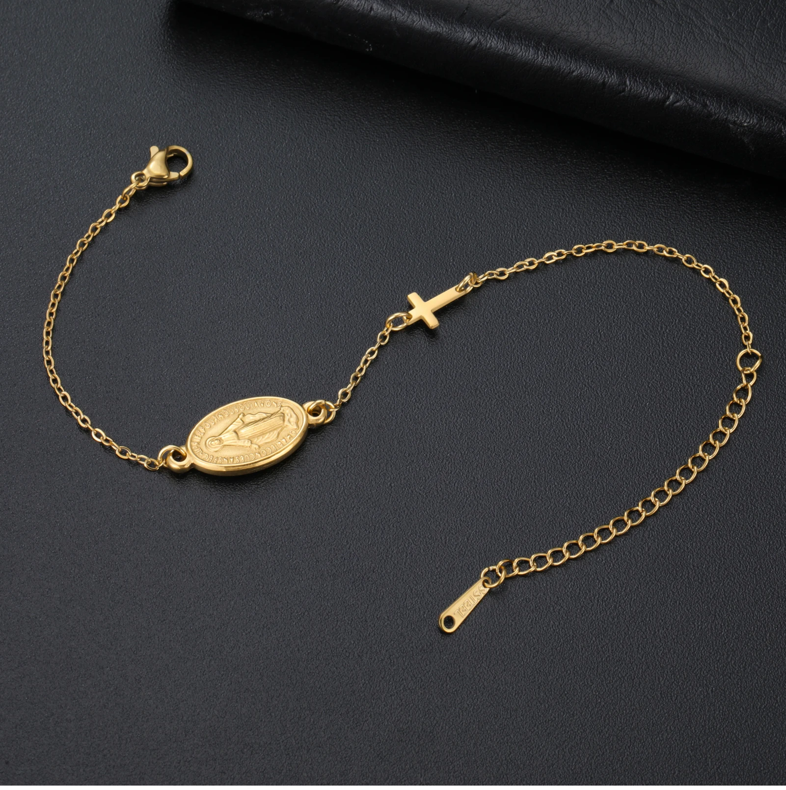 Doppellagiges Armband mit Kreuz und Jungfrau Maria für Damen, Edelstahl, zierliche Medaille, katholischer Schutzschmuck, verstellbar, Geschenk – Detail 8
