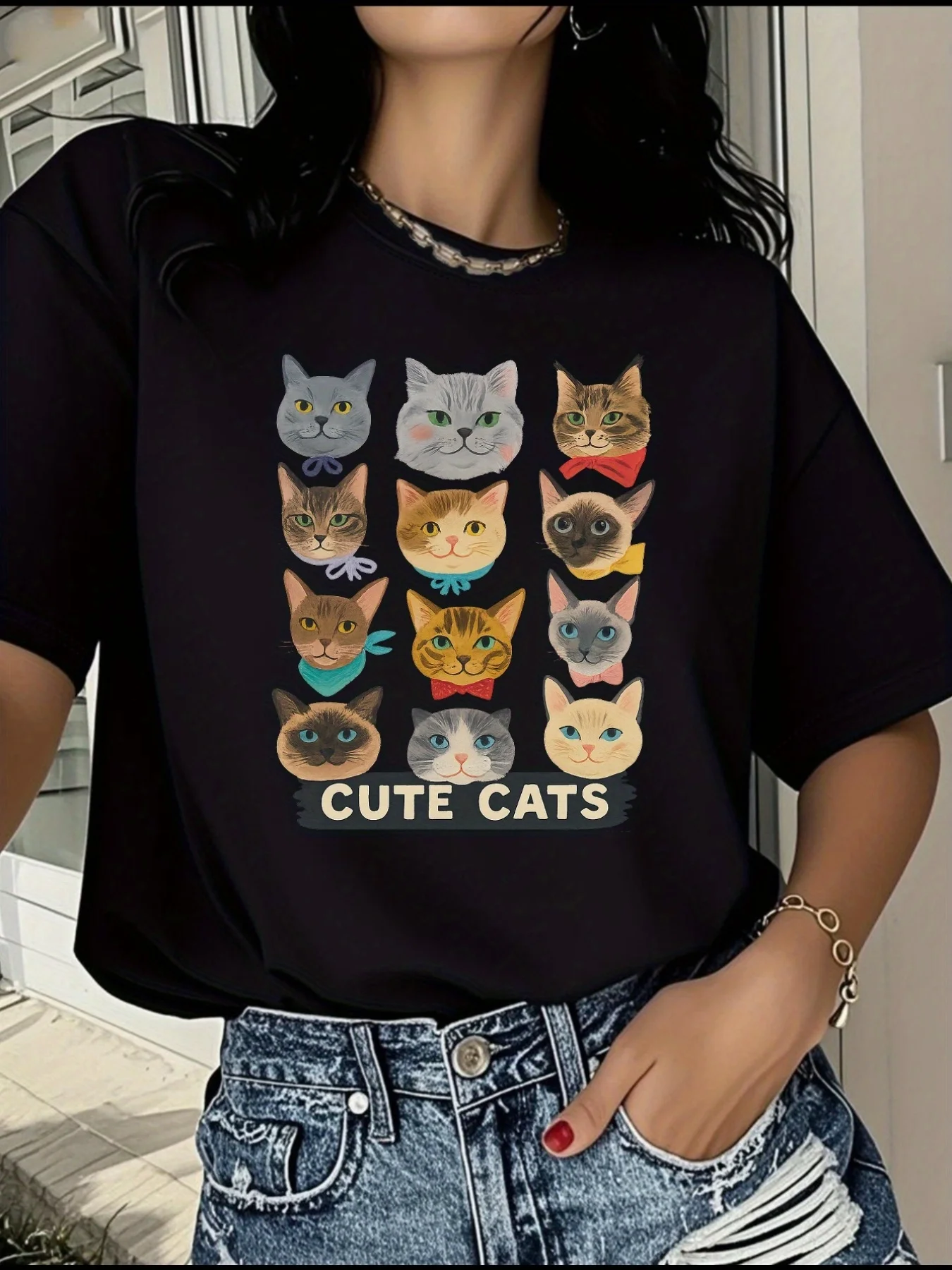 Women's Casual Short Sleeved Round Neck T-shirt with Various Cute Cat Patterns Printed Summer Women's Tops Casual Clothing