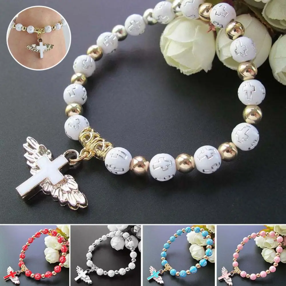 Exquisito pulsera acrílica con forma de cruz de ala de Ángel para niños, joyería de bautizo de primera comunión, cadena de cuentas, pulseras de Rosario de Ángel a la moda