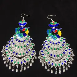 Chinese Miao Peacock Big Earrings Sliver Women Hmong Ethnic