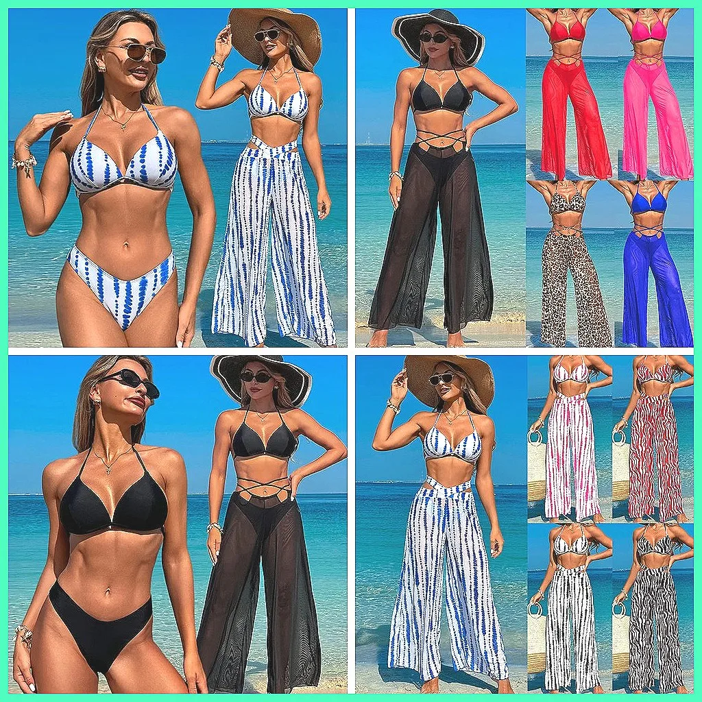 

Sexy 3-Piece Bikini Set with Cover-Up Pants for Women, Beach & Hot Spring Swimwear
