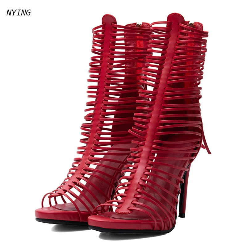 

Women Red Hollow Out Straps Ankle Boots Thin Stiletto High Heels Open Toe Back Zipper Gladiator Mid Calf Boots Nightclub HEELS