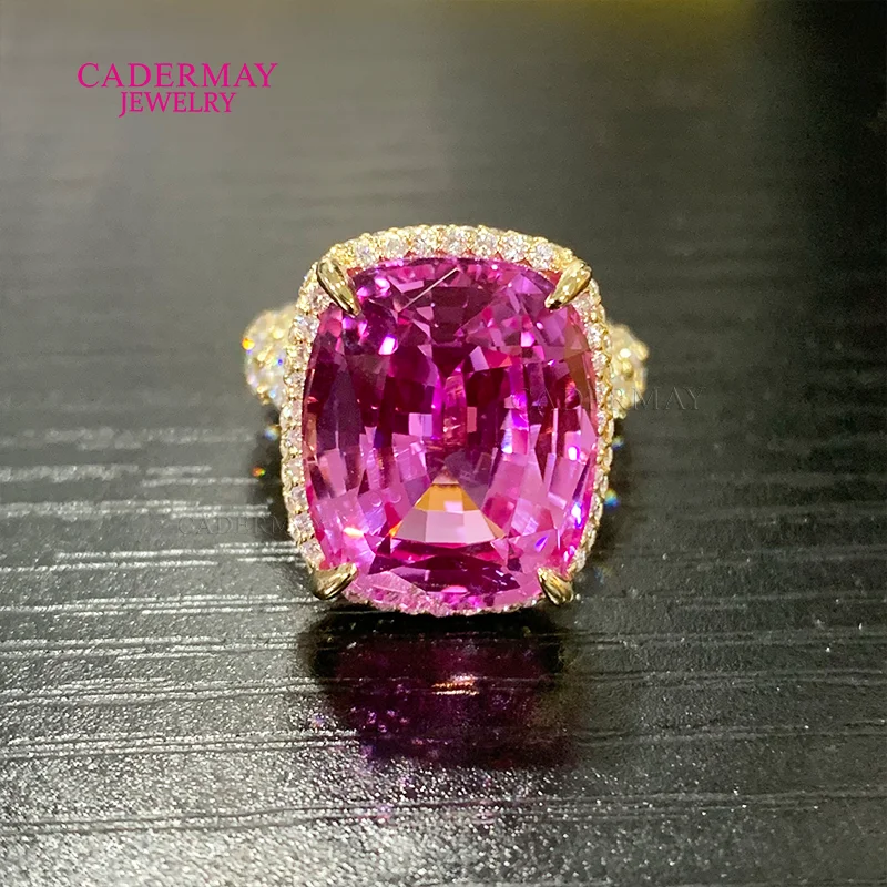 Customized Jewelry 18K Yellow Gold 13x16mm Long Cushion Shape Pink Lab Synthetic Sapphire Wedding Engagement Ring For Women Gift