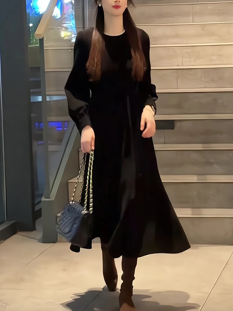 

Платье женское больших размеров из бархата с эффектом «рыбий хвост», осенне-зимнее, повседневное, свободного кроя, с высокой талией, длинным рукавом и круглым вырезом, для фигуры типа «груша»