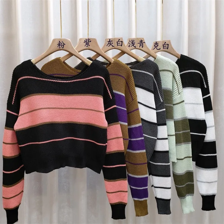 Vintage Chic Striped Sweaters Women 2024 Autumn New Loose Knitted Pullover Y2k Grunge Long Sleeve Bottoming Tops