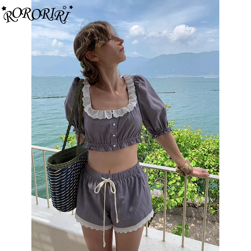 RORIRI التباين غرزة الدانتيل تقليم السراويل النساء مجموعة نفخة الأكمام قميص الرباط عارضة واسعة السراويل صالة عطلة الملابس #1