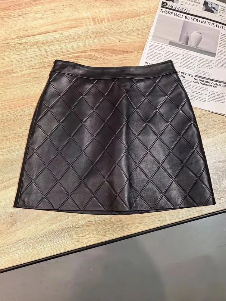 Hot Sexy Women Mini Wrap Skirt High Waist Vintage Plaid Soft Sheepskin Genuine Leather Skirts Lady Slim Fit Night Clubwear Skirt