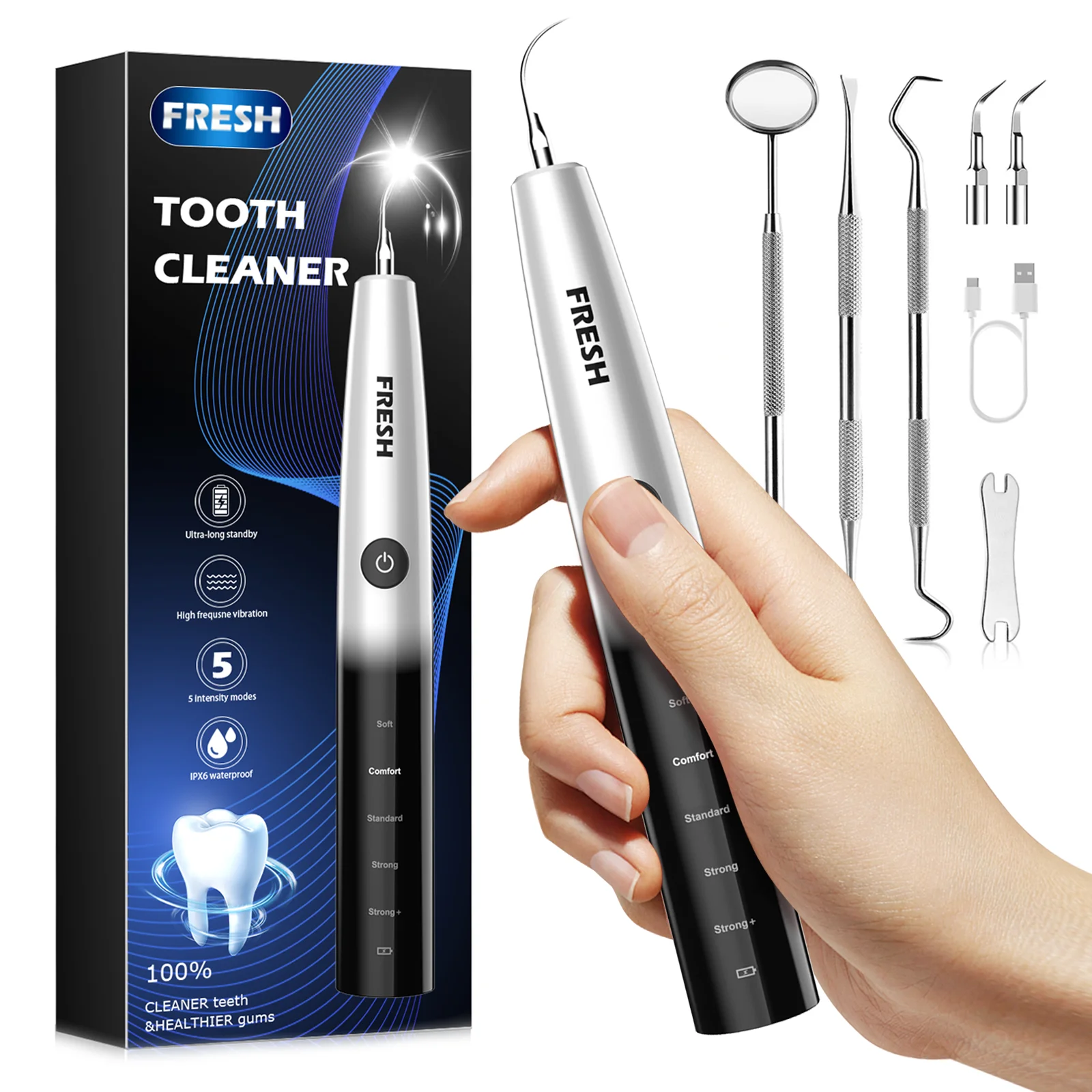 

Ультразвуковой электрический очиститель зубов, удалитель зубного камня и налета, 5 режимов, IPX6, набор для гигиены полости рта