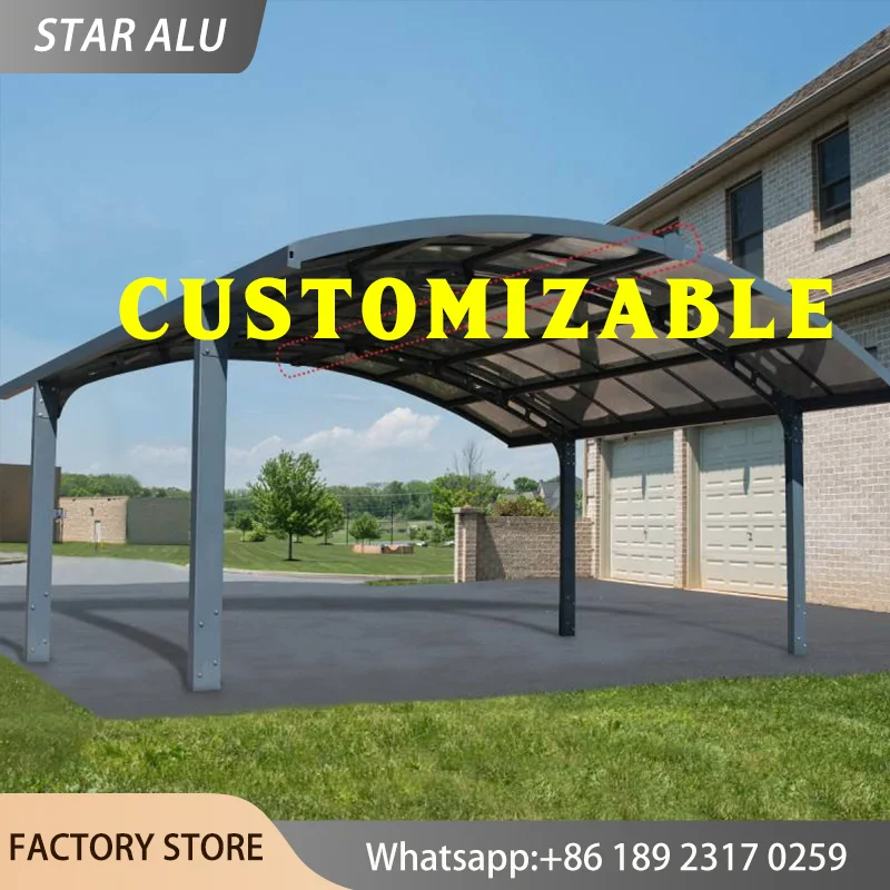 Any Size Custom Curved Polycarbonate Carport Heavy Duty Aluminum Awning Outdoor Patio Cover Rain Shelter Waterproof UV Sun Shade