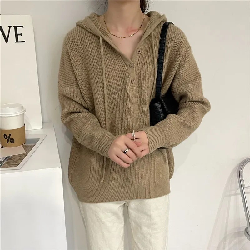 

Korean College Style Pure Color All-Matching Hooded Coat Spring and Autumn New Loose Slimming Sweater Women's Top