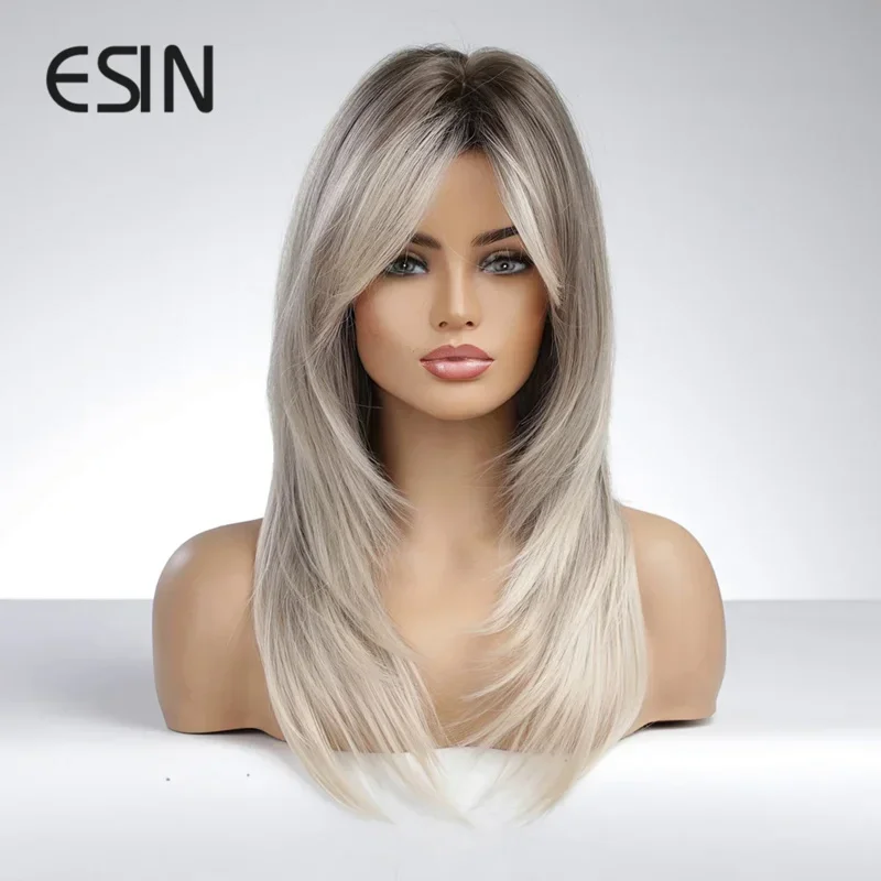 ESIN Synthetic Wig Medium Ombre Dark Color To White Blonde Wigs For Women Ombre Layered Hair With Dark Roots