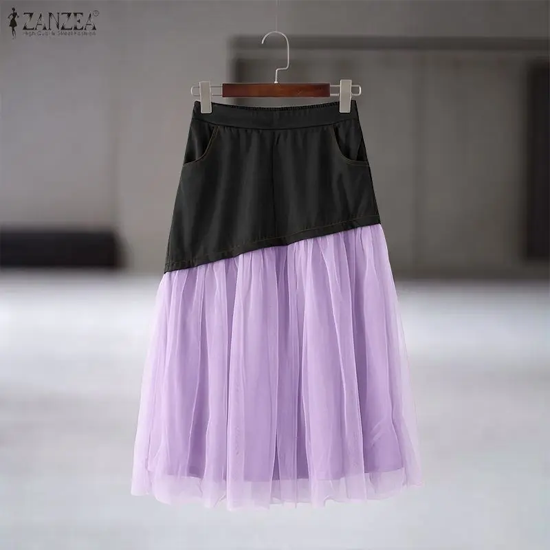 ZANZEA Women Y2K Streetwear Midi Skirt Asymmetrical High Waist Tulle Patchwork A-Line Faldas Mujer Contrast Color Elastic Waist