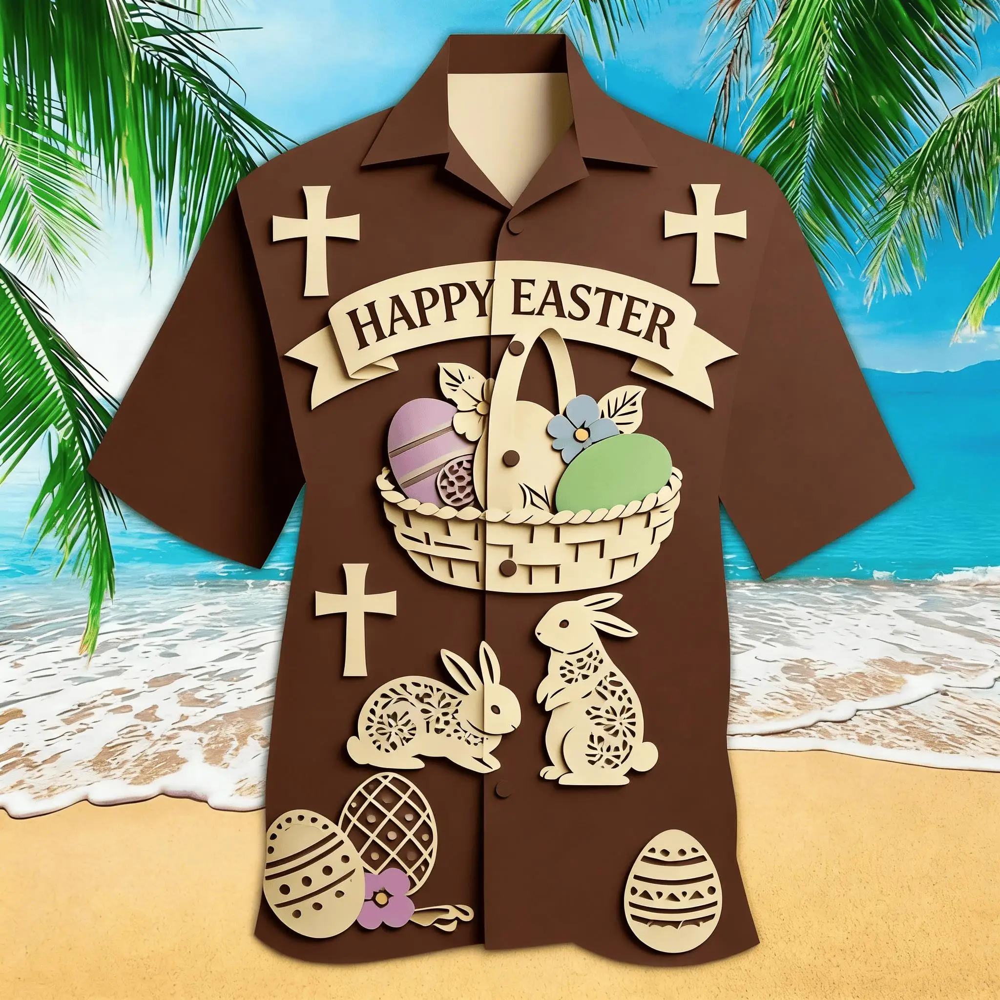 

Men's Happy Easter Papercut Print Short Sleeve Shirt, Cross & Bunny Basket Design Button Down for Spring Summer Casual