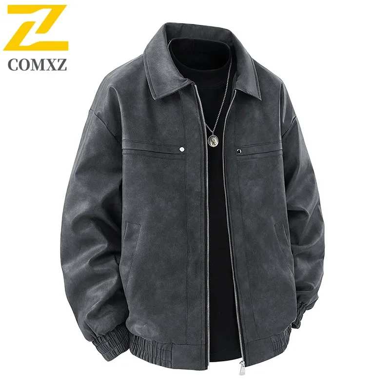 

COMXZ классическая мужская кожаная куртка с отложным воротником, американская мода, ветрозащитное пальто, удобное осеннее кожаное пальто для отдыха и путешествий