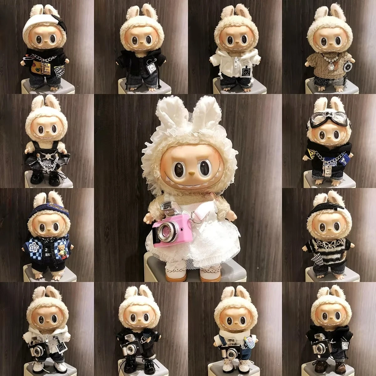 

17cm Labubu Clothes Fashion Mini Camera Plush Hoodie Idol Dolls Jumpsuit Clothing Fans Overalls Accessories for Korea Kpop Exo