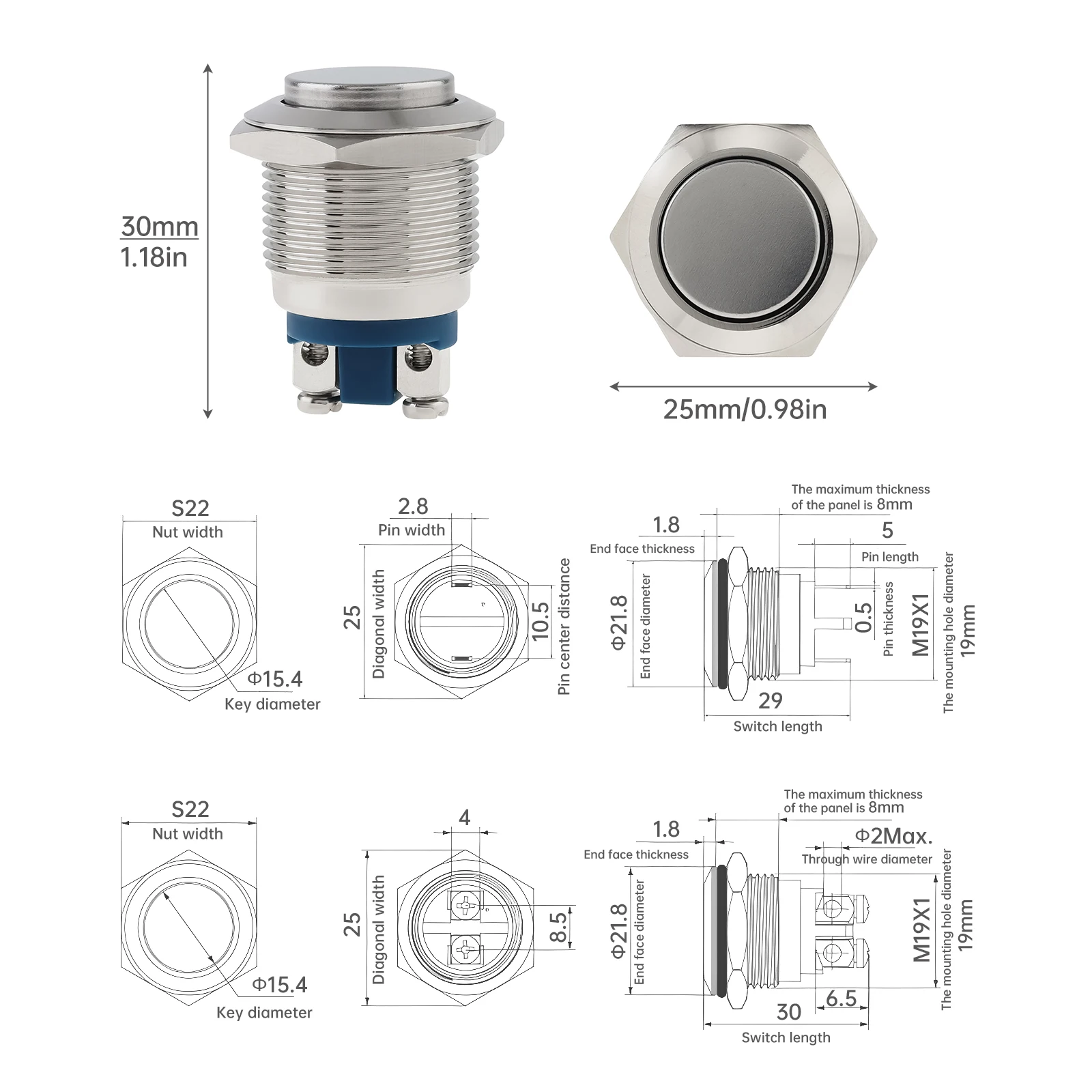 19mm Waterproof Stainless Steel Metal High Flush Screw Terminals 250V 5A 1NO SPST Momentary Push Button Switch