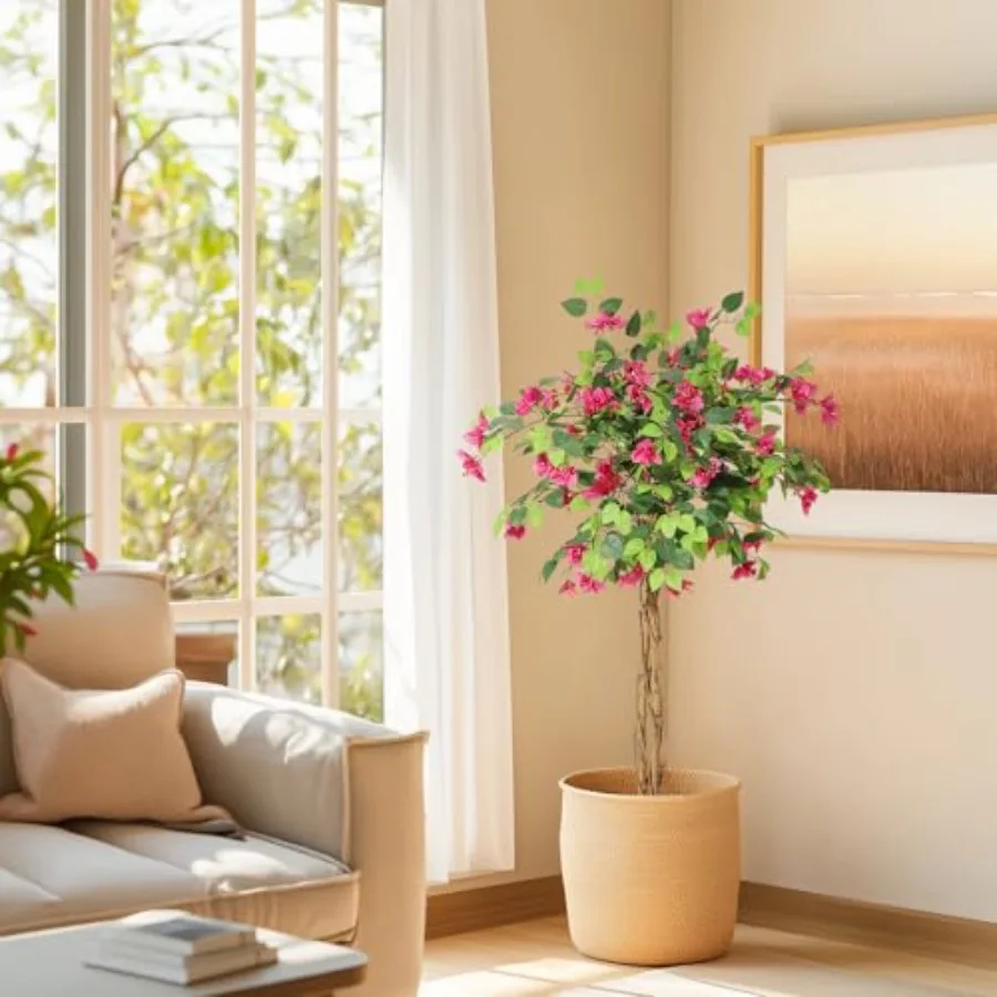 

4 Feet Artificial Bougainvillea Tree Tall Potted Fake Bougainvillea Trees Faux Tree with Wood Trunk and Pink Flowers for Outdoo