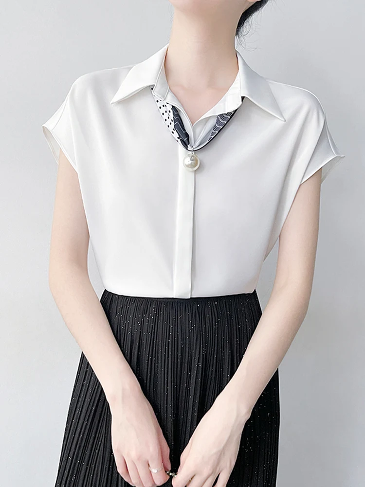 

Korean Sle Casual Versatile White ort Sve Silk irt Women Summer New Small Flng Sve Drapey Top Fem Faion