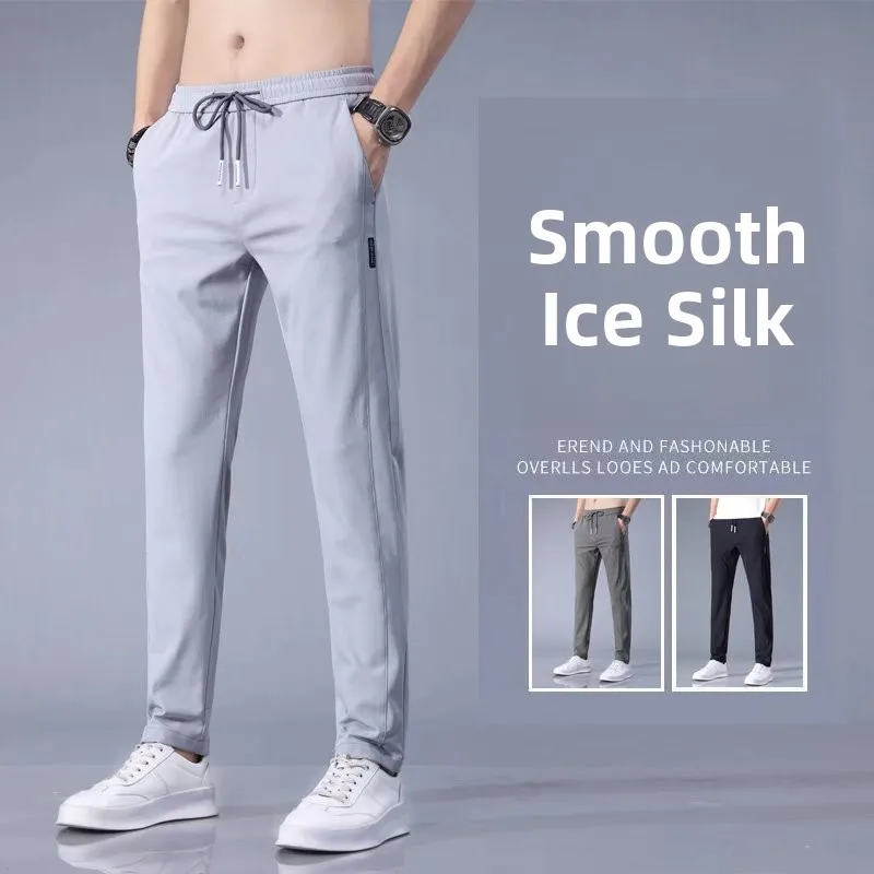 

Ice Silk Men's Casual Pants 2023 New Summer Thin Loose Straight Elastic Waist Qui Dry Sport Trousers Lightweight Comfortabl...