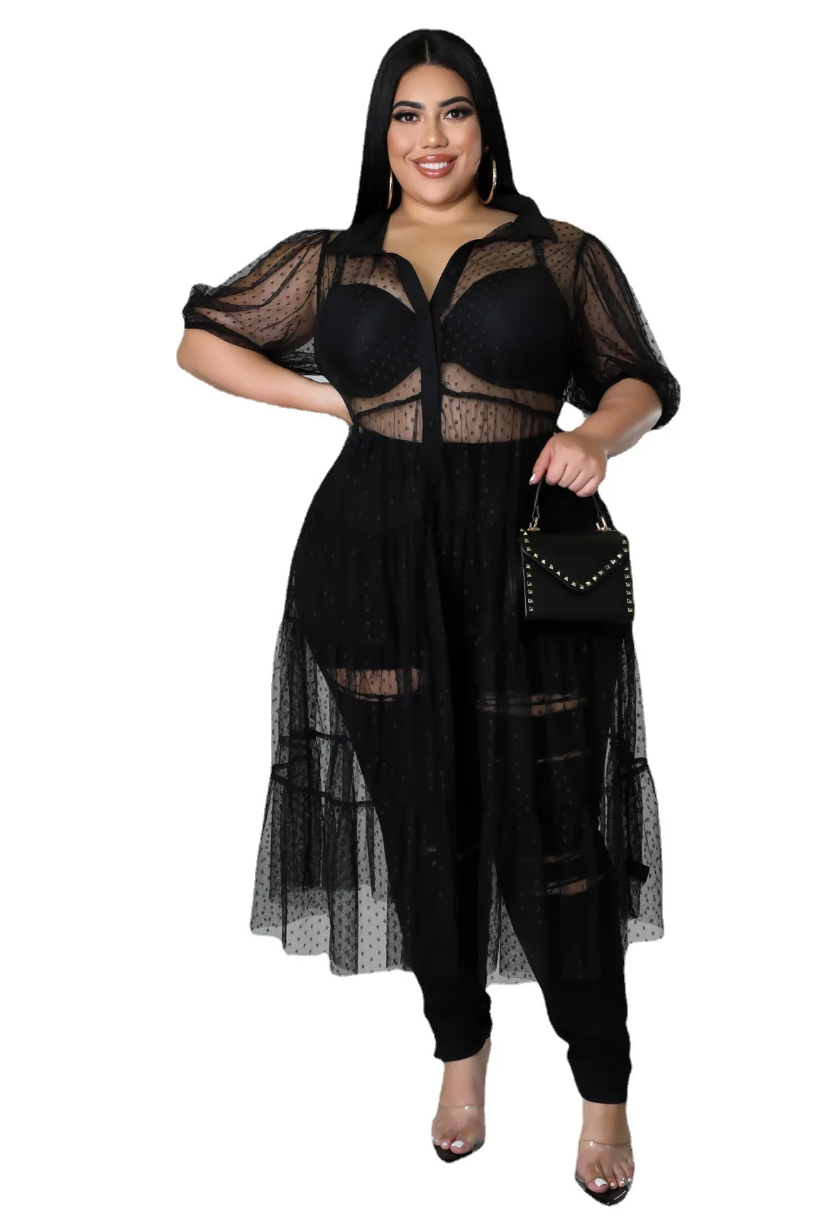 Casual polka dots plus size vestidos para mulher 2022 elegante lapela malha ver através sexy vestido drapeado atacado dropshipping