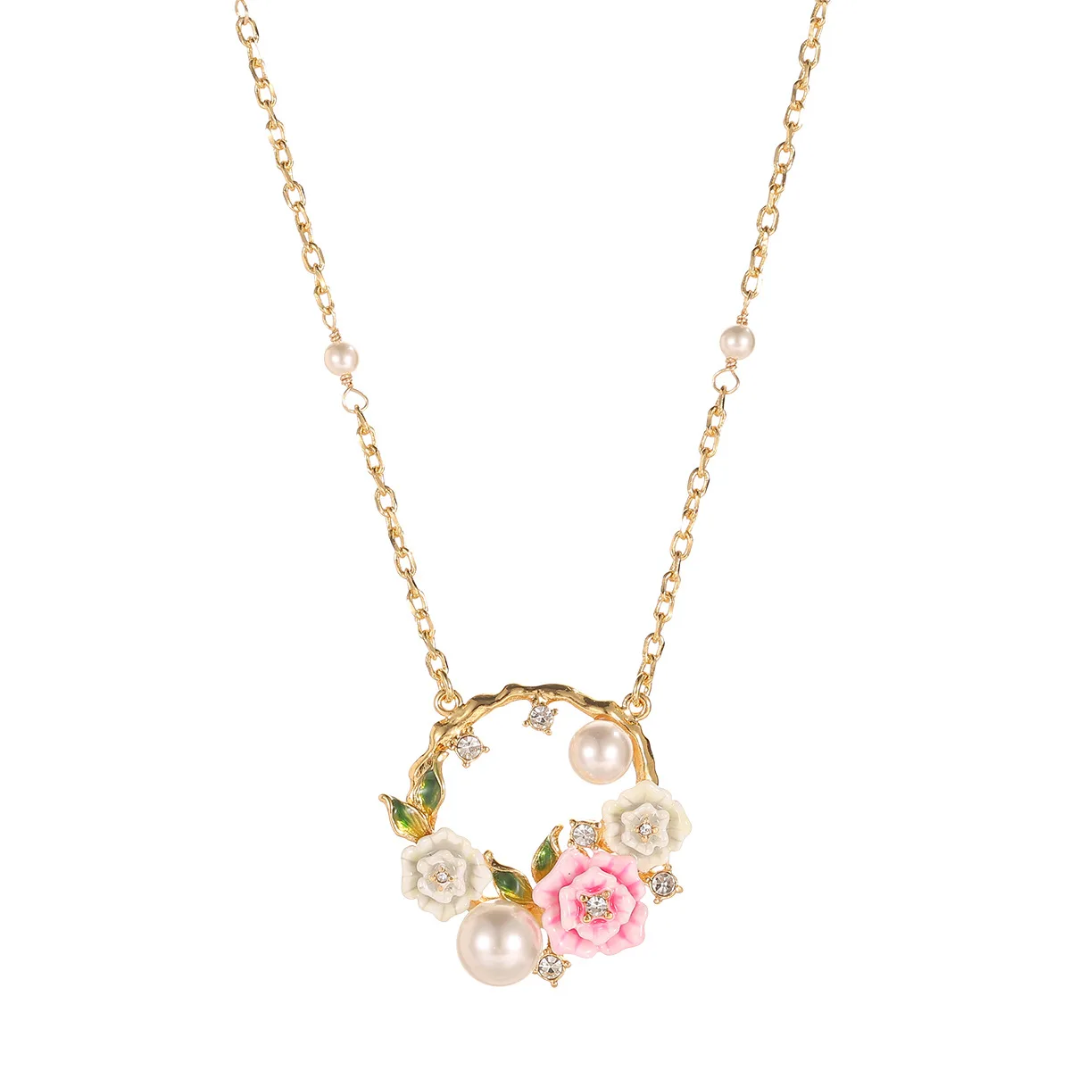 

1Pc Exquisite Enamel Sweet And Elegant Double-color Rose Flower Crystal Pearl Necklace,Wreath Clavicle Chain Women's Jewelry