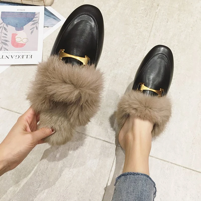 Winter New Real Fur Metal Buckle Mules Women Shoes Loafers Pregnant Shoes Women Furry Slides Fluffy Hairy Flip Flops