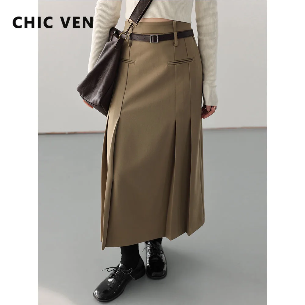 CHIC VEN Women Skirts High Waist Pleated Solid A-line Long Skirt Woman Clothes Female Outerwear Spring Autumn Fashion 2023