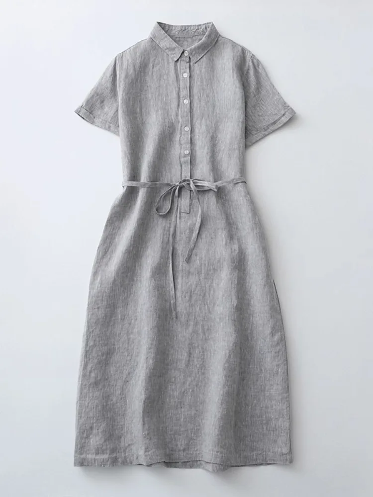 Sommer Mode Baumwolle Leinen Kleid Frauen Japan Stil Einfarbig Spitze Up Taille Einfache Grundlegende Elegante Kleid Weibliche Slim Fit Kleid