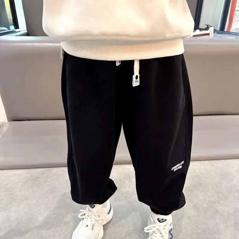 Autumn Kids Casual Sweatpants for Boys Solid Letter Sporty Trousers Spring Thin Ankle Length Harem Pants 3+y Young Child Clothes