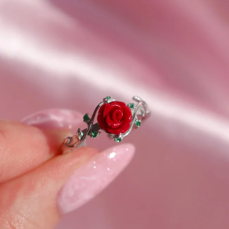 Beauty Rose Ring for Women Fashion Engagement Jewelry Accessories Gold and Silver Plated Beautiful Red Rose Rings Gift for Her