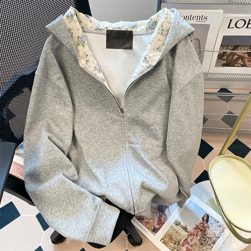 

Серая толстовка с капюшоном с цветочным принтом для женщин, милый лоскутный кардиган в корейском стиле, толстовки, шикарная женская куртка на молнии с длинными рукавами