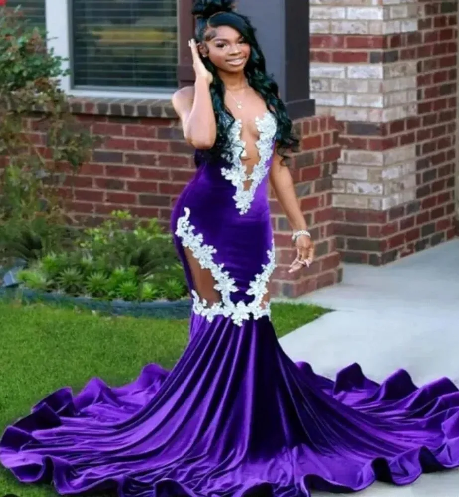 Sexy African Purple Prom Party Dress Sheer V-neck Lace Appliques Satin Evening Formal Gown For Birthday Christmas Robe De Soriee