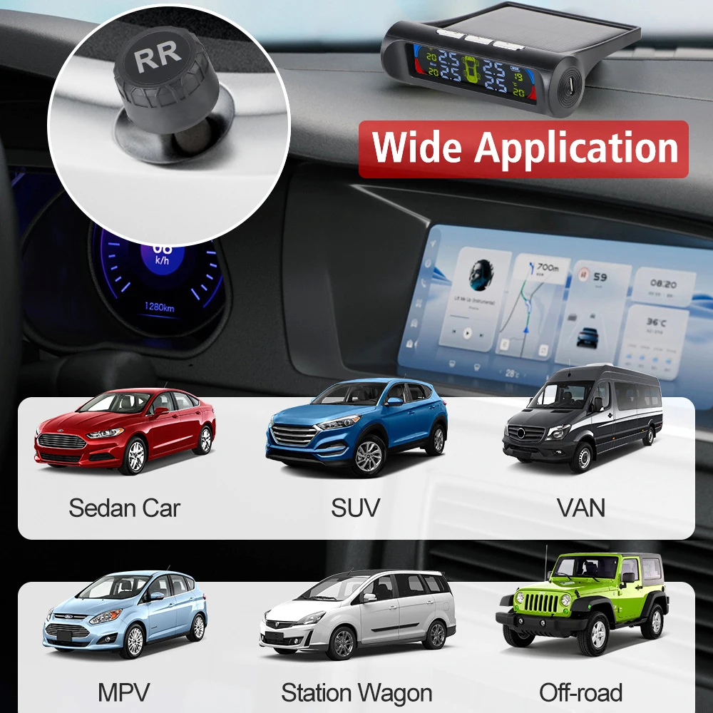 السيارات TPMS سيارة نظام مراقبة ضغط الإطارات جهاز قياس درجة حرارة الإطارات الشمسية TPMS إنذار أمان السيارات الرقمية 0-6Bar AN01