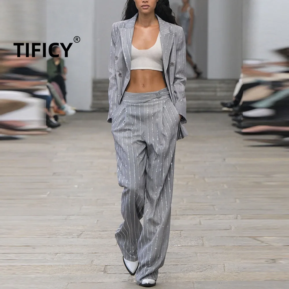 High Street Spring Two-piece Set Women's New High-end Gray Heavy Industry Diamond Hot Stamping Double Breasted Suit Pants Set