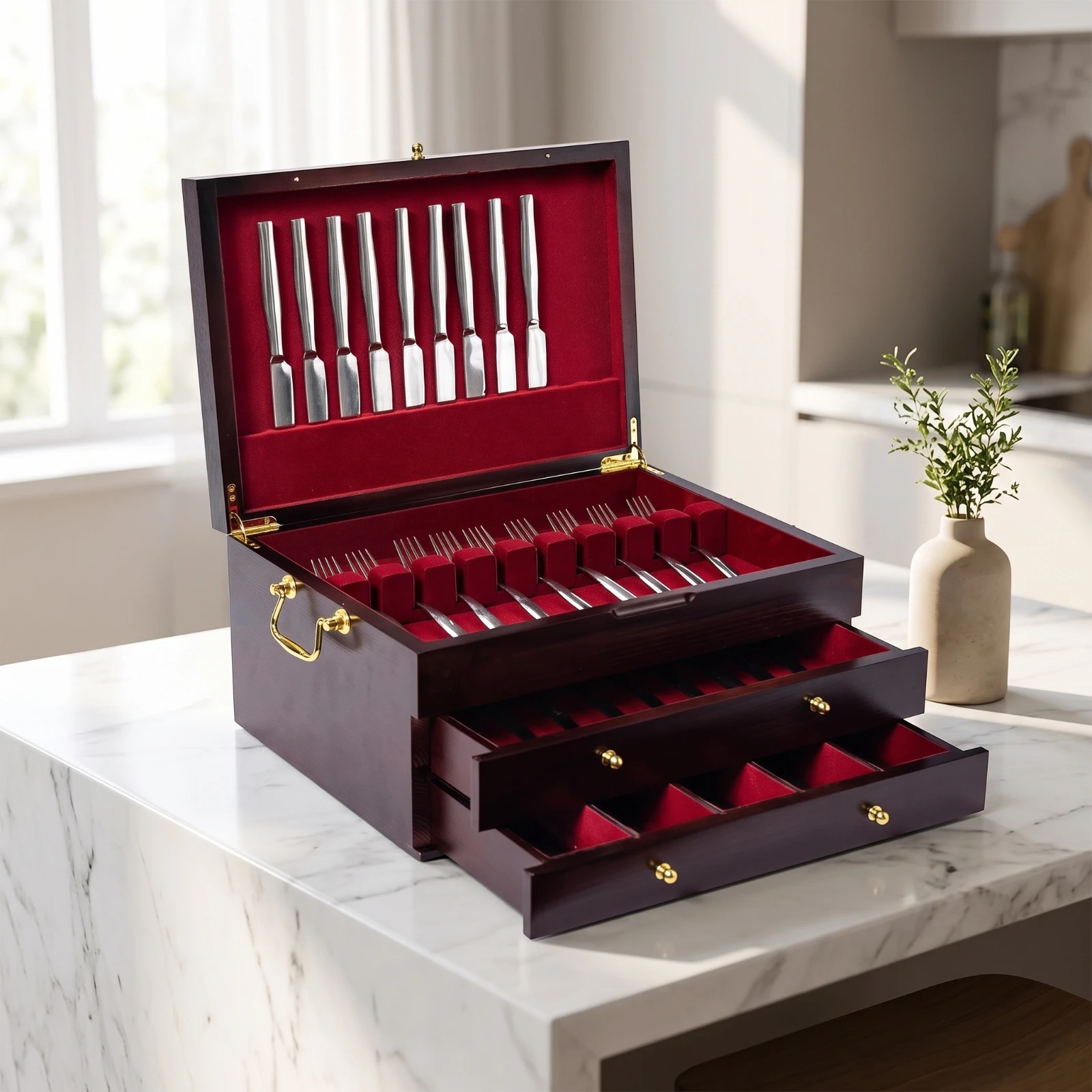 Silverware Chest with Velvet Velvet Lining Polished Silverware Chest with Lid Cutlery Box Felt-Lined Flatware Storage Box With
