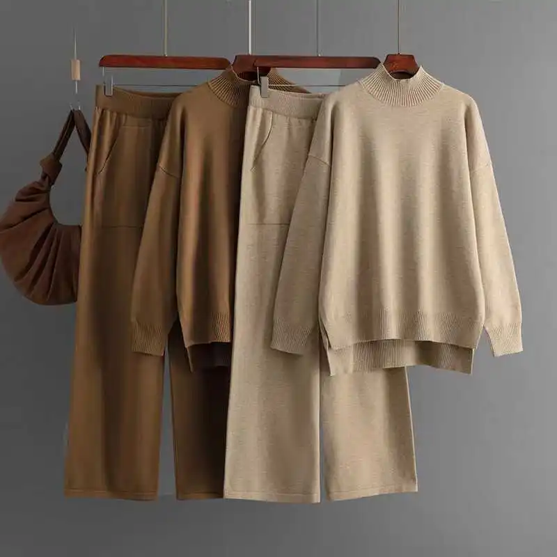 

Knitted High Ne Split Sweater And Pants Set Long Sve Autumn Faion Women's Two-Piece Suit Comfortable Casual Outfit