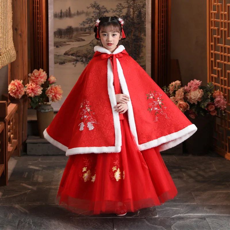 

Gir Autumn Winter New Embroidery Retro Red Cloak Hanfu Chinese Style Traditional Antique Cape Children Warm Thick Cosplay Mantle