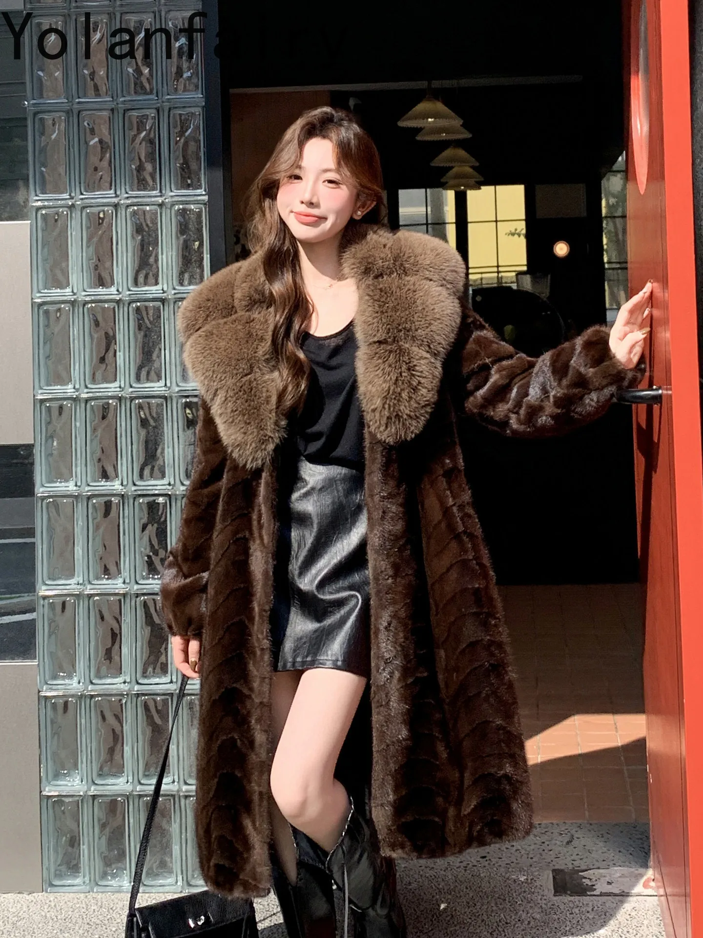 YOLANFAIRY High Quality Pieced Mink Real Fur Coat Women Winter 2026 Elegant Long Mink Fur Coats Fox Fur Collar Jacket 100-104cm