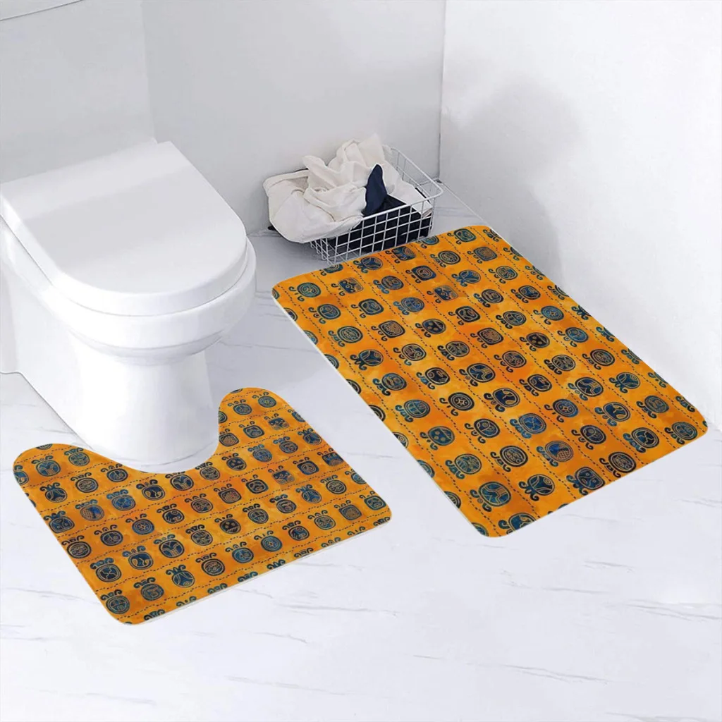 

2 Pieces Bathroom Rug Set (Toilet Mat,Carpet) Maya Calendar Glyphs pattern orange and blue Durable Ultra Soft Non-Slip