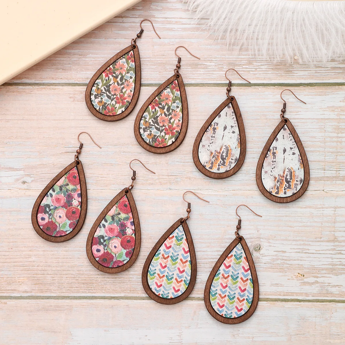 Boho Brown Wood Bezel Rose Flower Patterns Leather Statement Earrings Women Gifts Wholesale