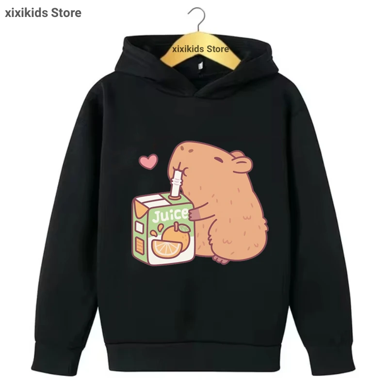 Cute Capybara Loves Juice Printed Cap Hoodies Girls/Boys Kawaii Kids Clothes Spring/Autumn/ Winter Plus Velvet Sweastshirt Tops