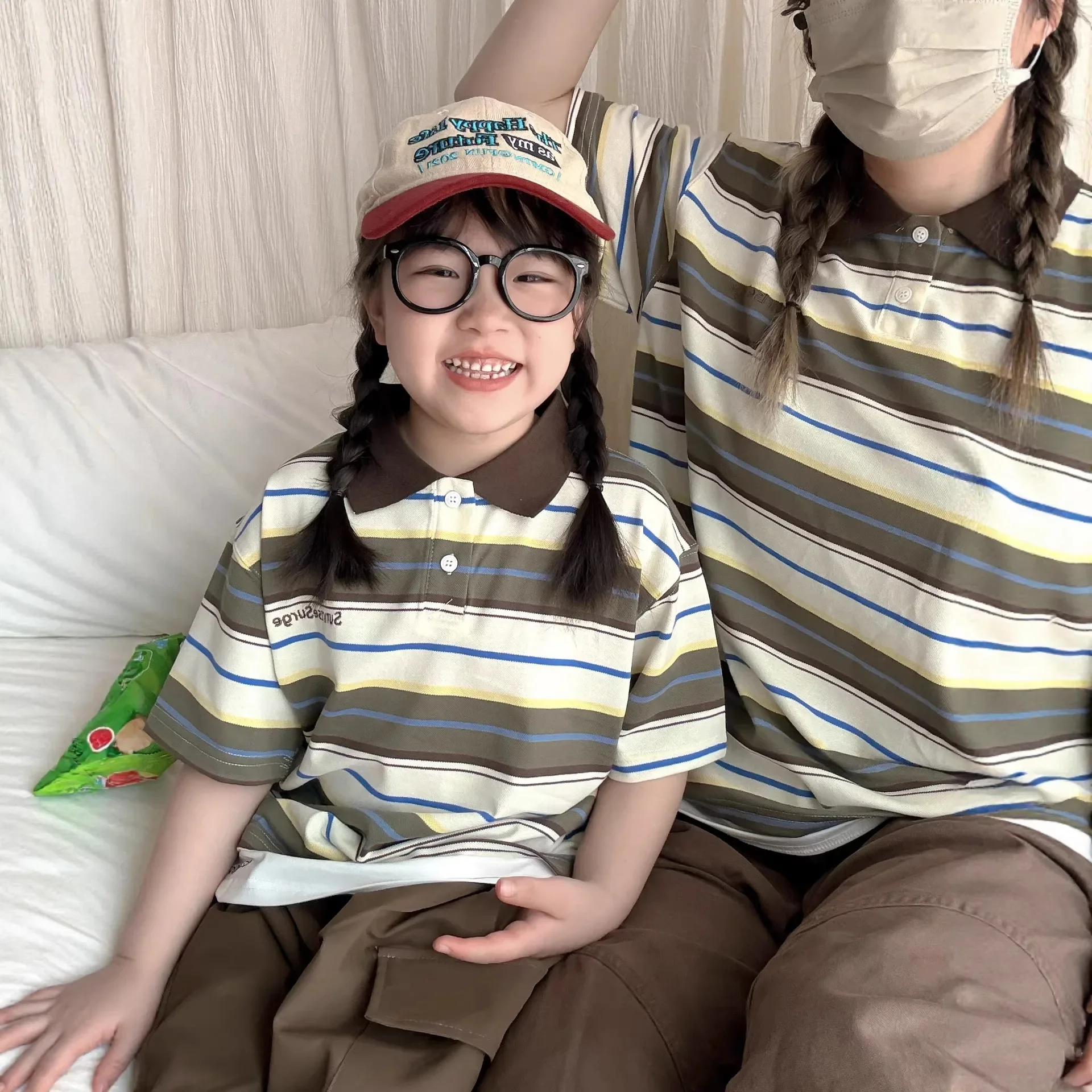 2026 Summer Mommy and Me Matching Striped Polo Shirt Family Outfit Casual Short Sleeve Cotton Top for Mom Dad Daughter Son