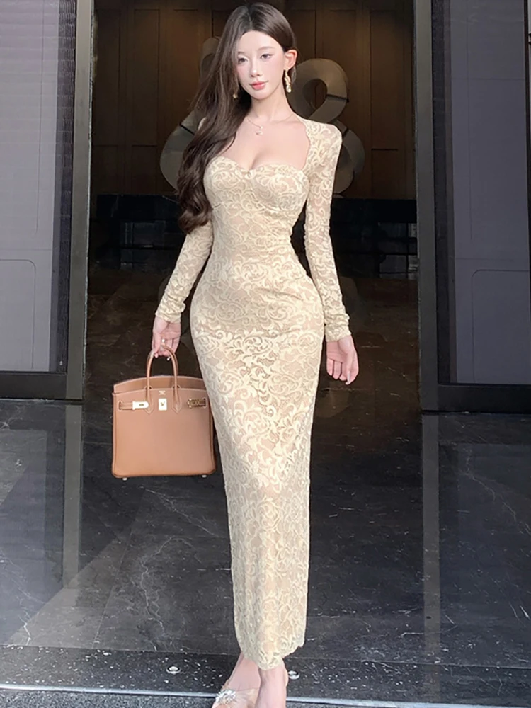 الخريف الشتاء الصلبة الدانتيل الجاكار ساحة طوق فستان طويل المرأة أنيقة القوس ضمادة فستان 2025 الكورية خمر فستان حفلة موسيقية فاخرة #2